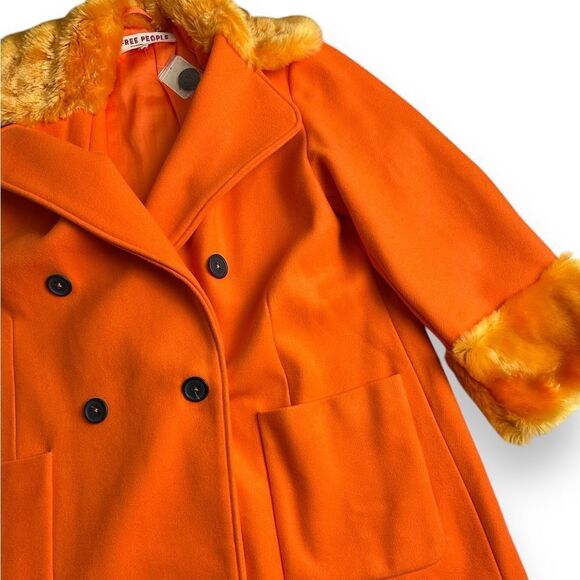 NWT Free People Roxy Wool Coat Fur Collar Trim Lined Oversized Orange Small - Picture 10 of 10